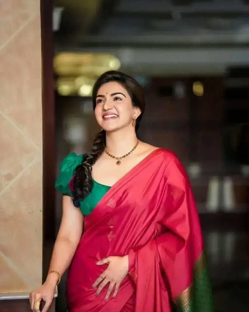 South Indian Model Honey Rose in Red Saree Green Choli